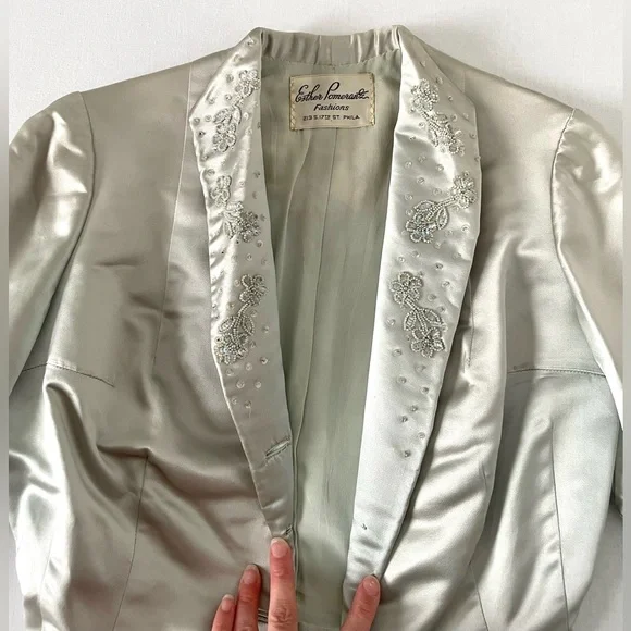 Vintage Silk Beaded Button Long Sleeve Blazer Esther Pomerantz Blue Silver Small - Picture 5 of 15